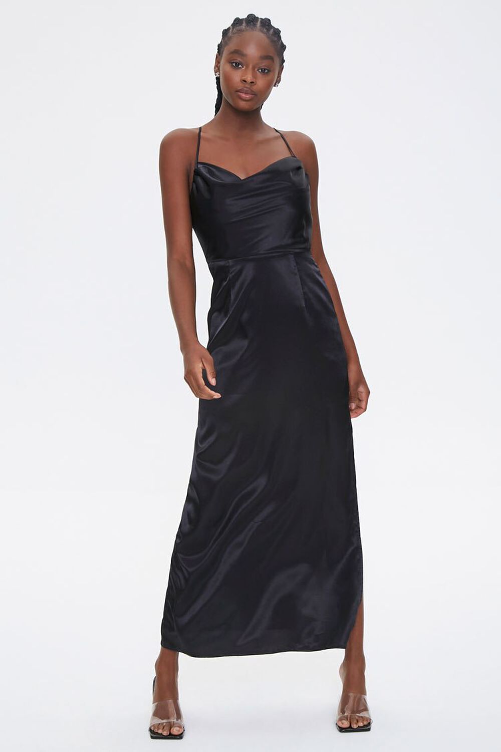 BLACK Satin Cowl Neck Maxi Dress, image 2