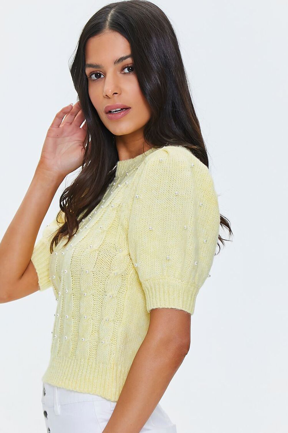 LIGHT YELLOW Faux Pearl Puff-Sleeve Sweater, image 2