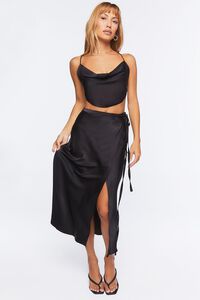 BLACK Satin Crop Top & Midi Skirt Set, image 4