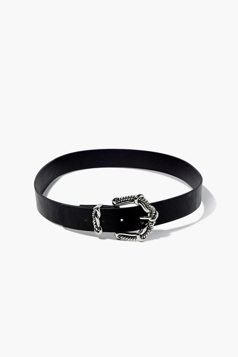 BLACK/SILVER Faux Leather Twisted Buckle Belt, image 1