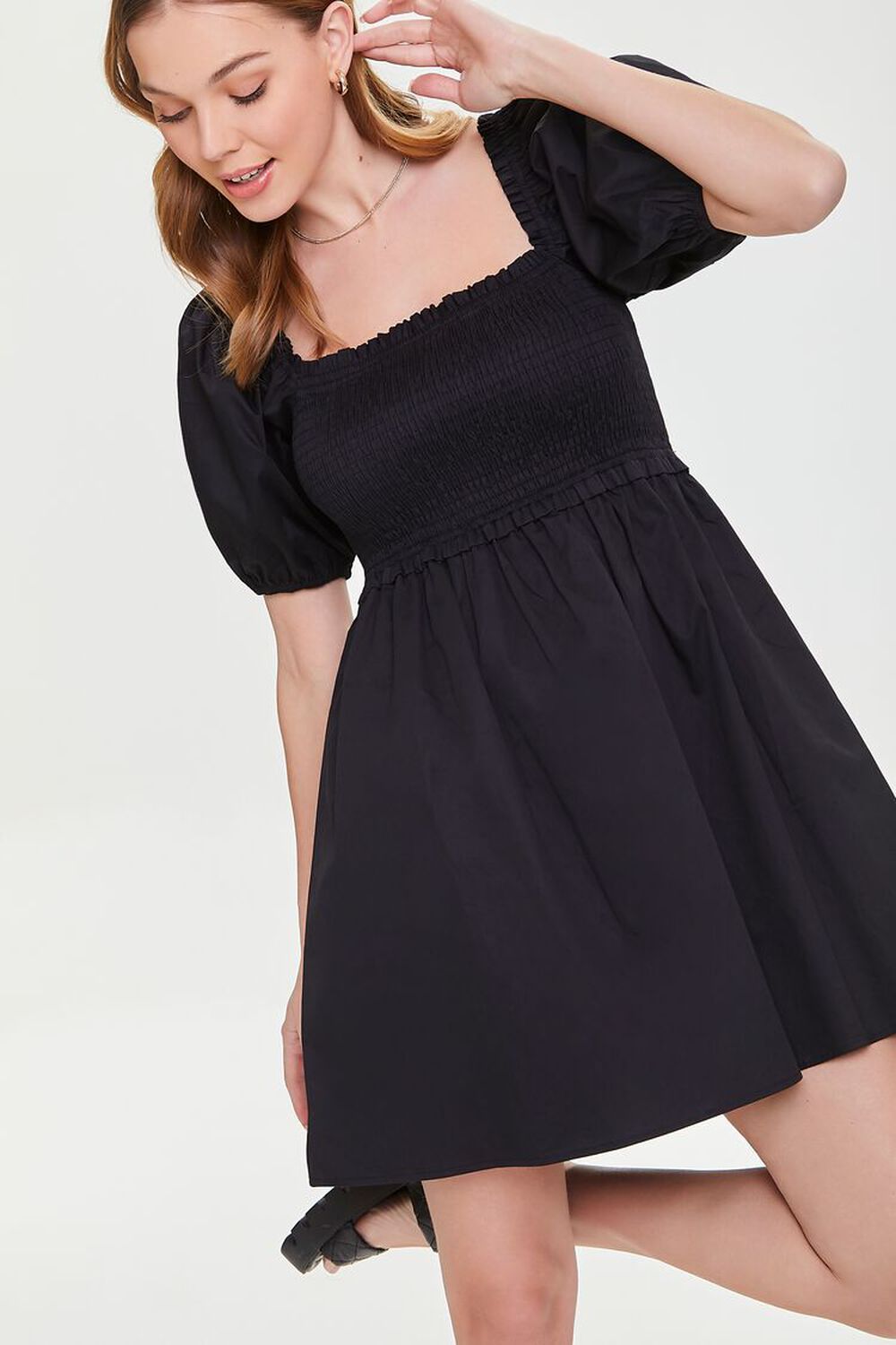 BLACK Smocked Puff Sleeve Mini Dress, image 1
