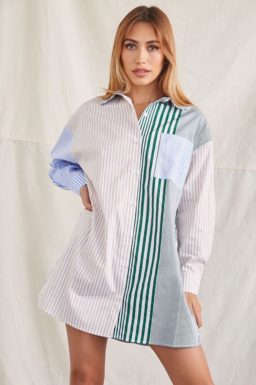 BROWN/MULTI Striped Patternblock Shirt Dress, image 1