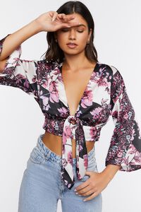 WHITE/MULTI Satin Floral Print Tie-Front Top, image 1