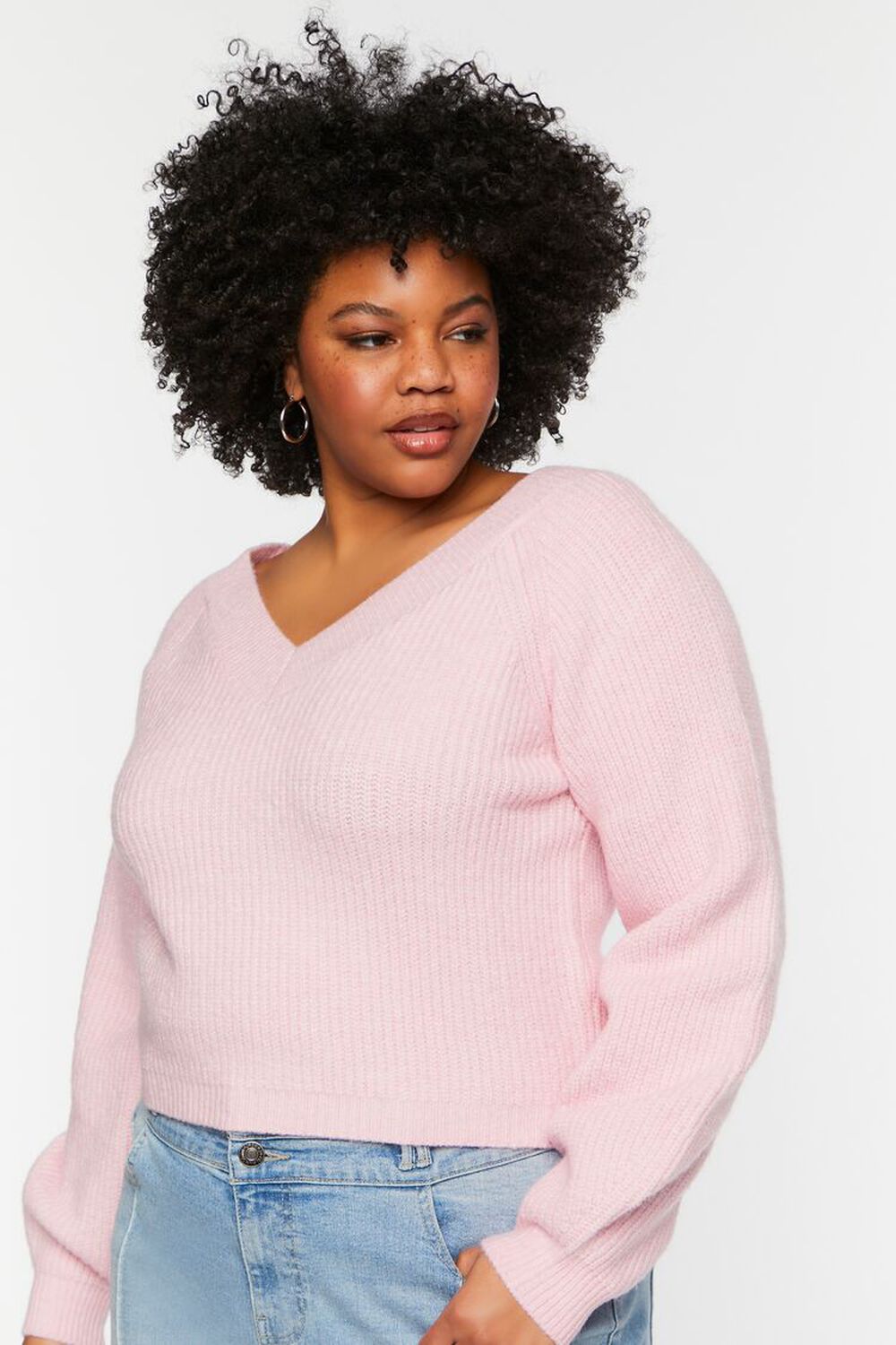 Plus Size Purl Knit V-Neck Sweater, image 1