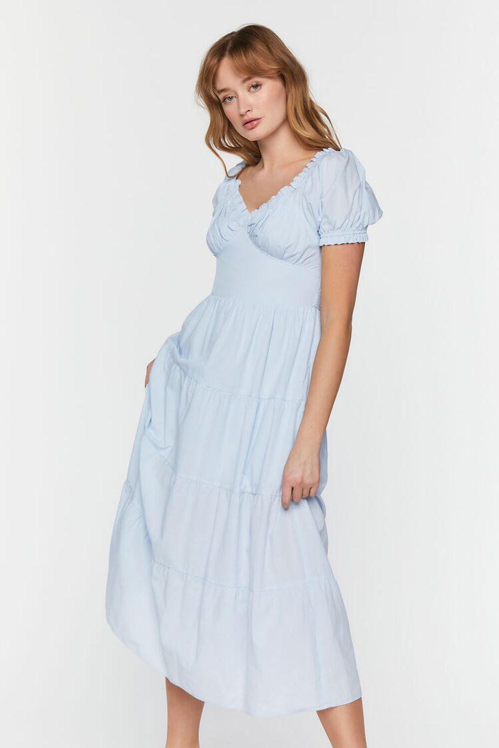 BLUE Puff-Sleeve Tiered Midi Dress, image 2