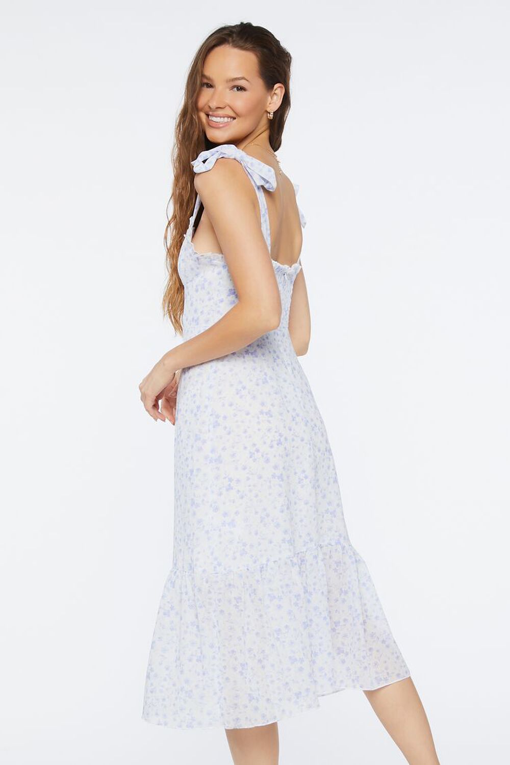 WHITE/BLUE Ditsy Floral Tie-Strap Midi Dress, image 2