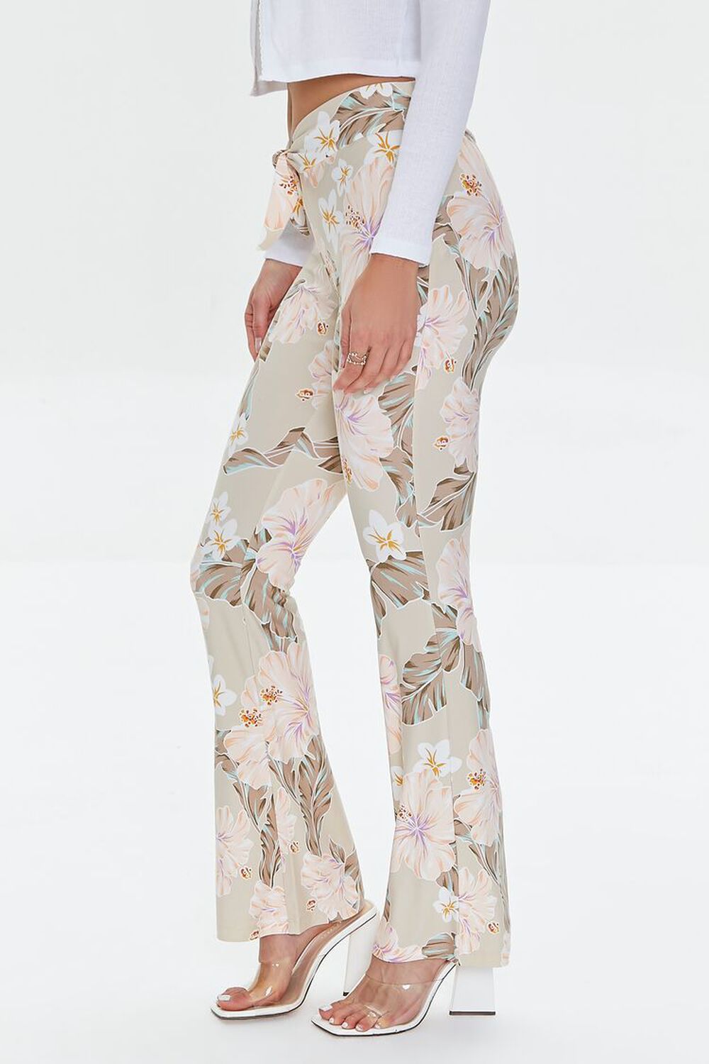 TAUPE/MULTI Tropical Print Self-Tie Flare Pants, image 3
