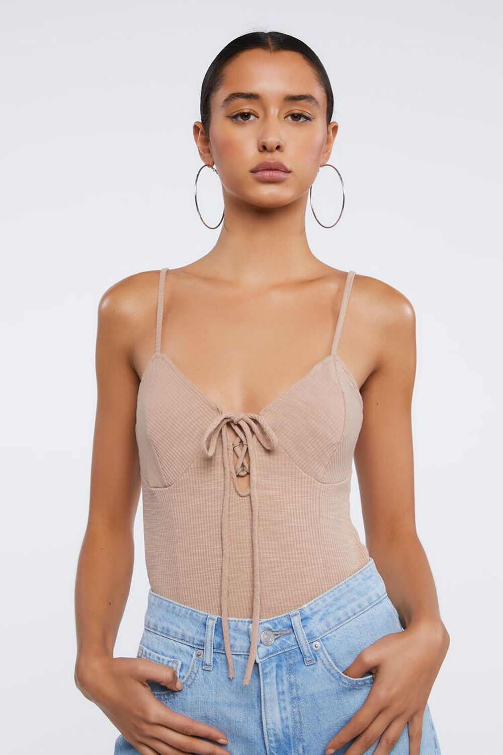 TAUPE Ribbed Lace-Up Cami Bodysuit, image 1
