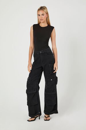 Women Casual High Waisted Cargo Pants Wide Leg Casual Denim Trousers Multi  Pocket Cargo Jeans Black XXL