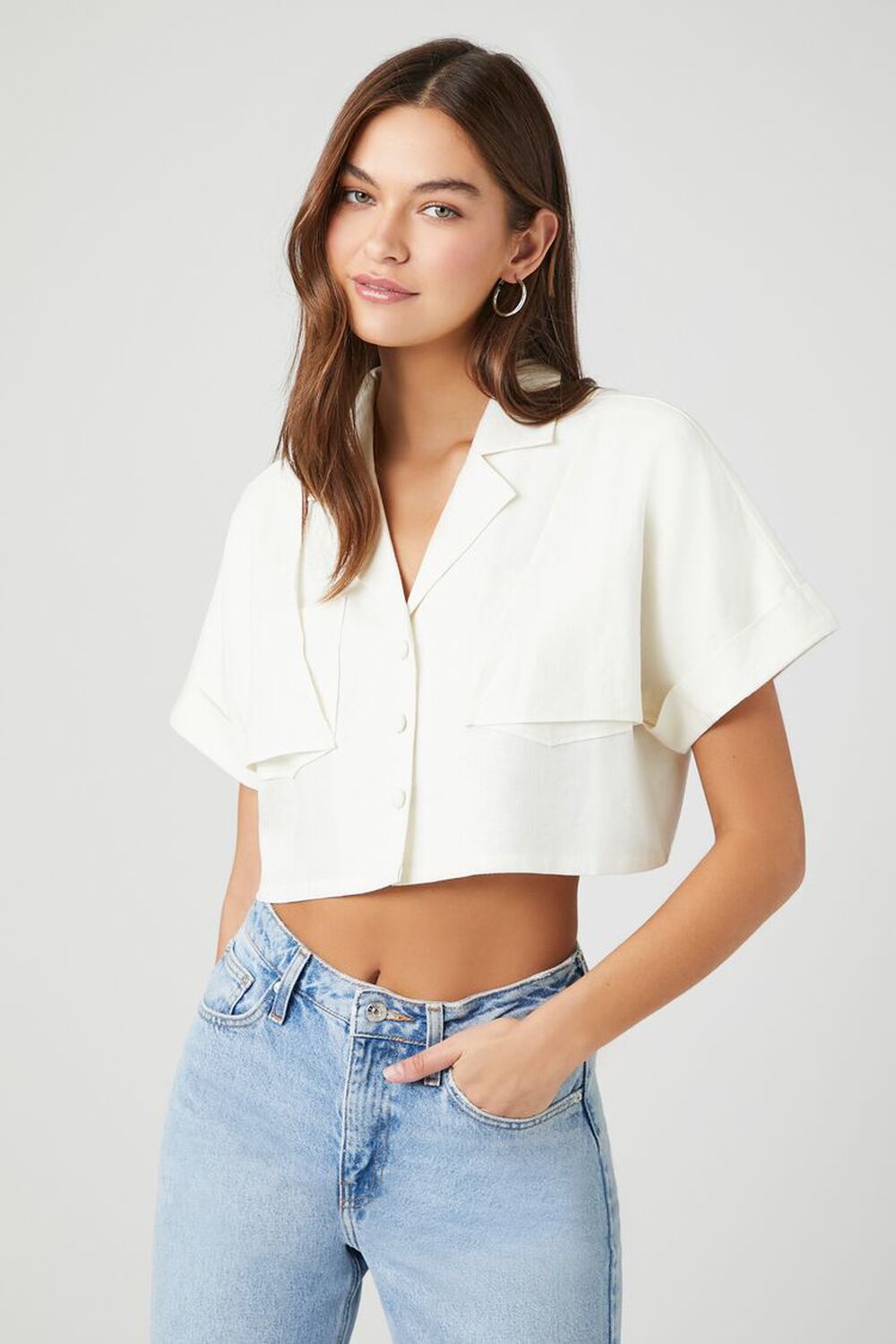 Linen-Blend Boxy Cropped Shirt
