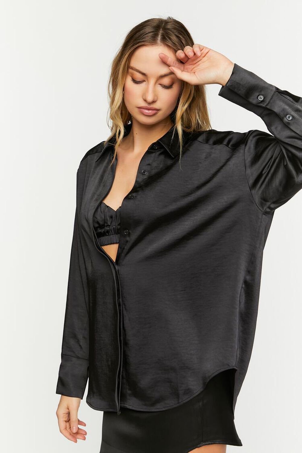 BLACK Satin Oversized Long-Sleeve Shirt, image 2