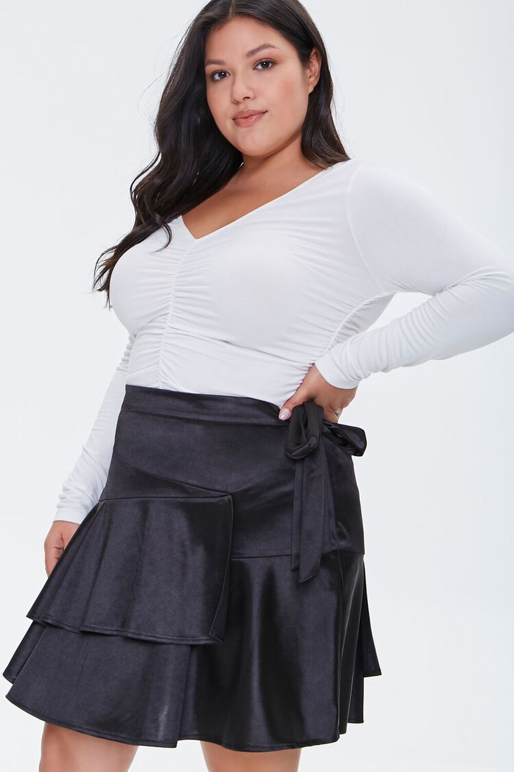 BLACK Plus Size Satin Ruffle Mini Skirt, image 1