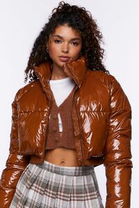 BROWN Faux Patent Leather Puffer Jacket, image 1