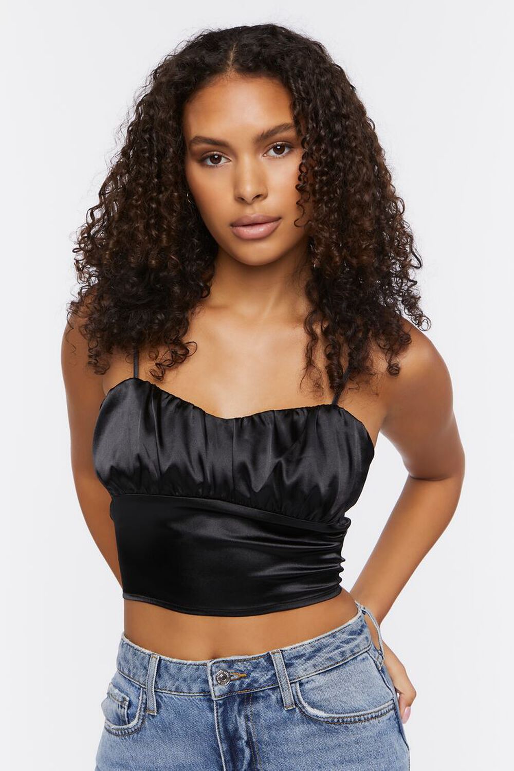 BLACK Satin Lace-Up Cropped Cami, image 1