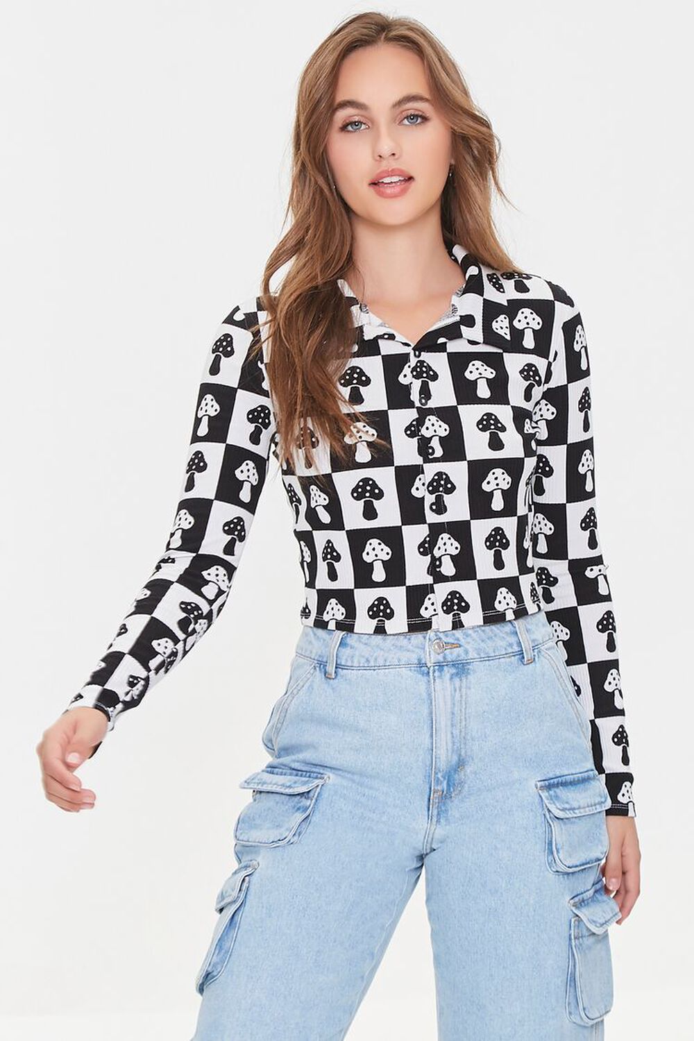 BLACK/CREAM Checkered Mushroom Print Shirt, image 2
