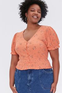 PEACH/MULTI Plus Size Floral Puff-Sleeve Top, image 1