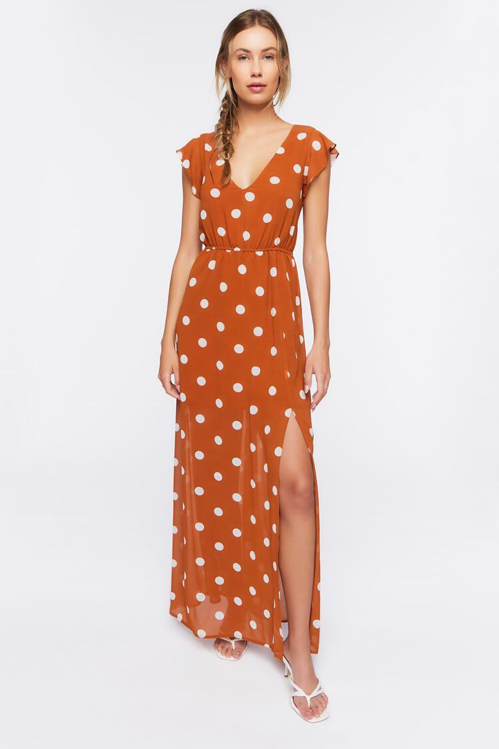TAN/CREAM Polka Dot Butterfly-Sleeve Maxi Dress, image 1