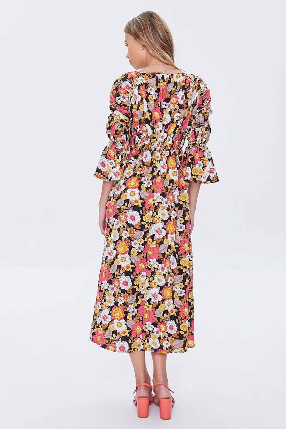 BLACK/MULTI Floral Print Bell Sleeve Dress, image 3