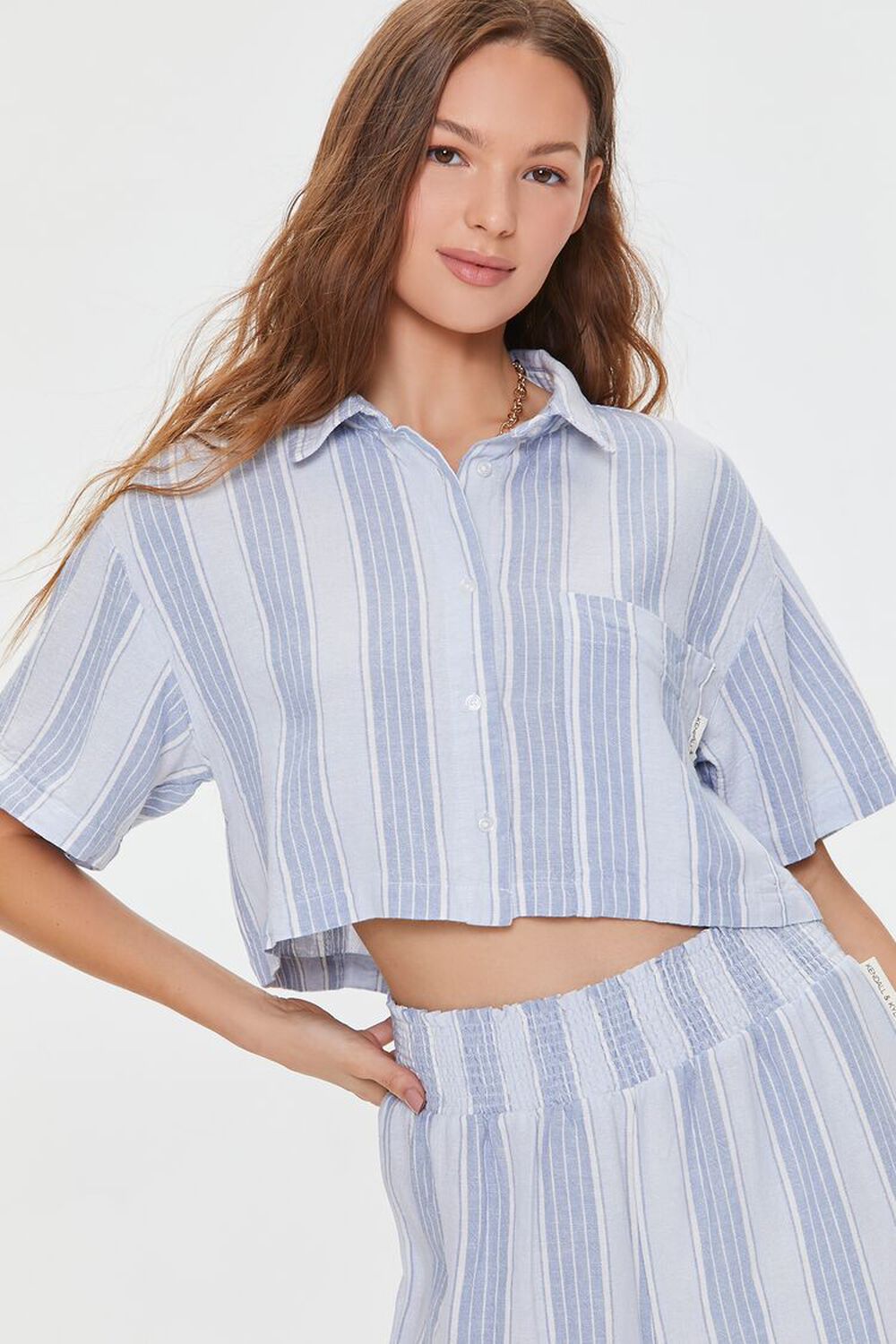 LIGHT BLUE/MULTI Kendall + Kylie Linen-Blend Shirt, image 1