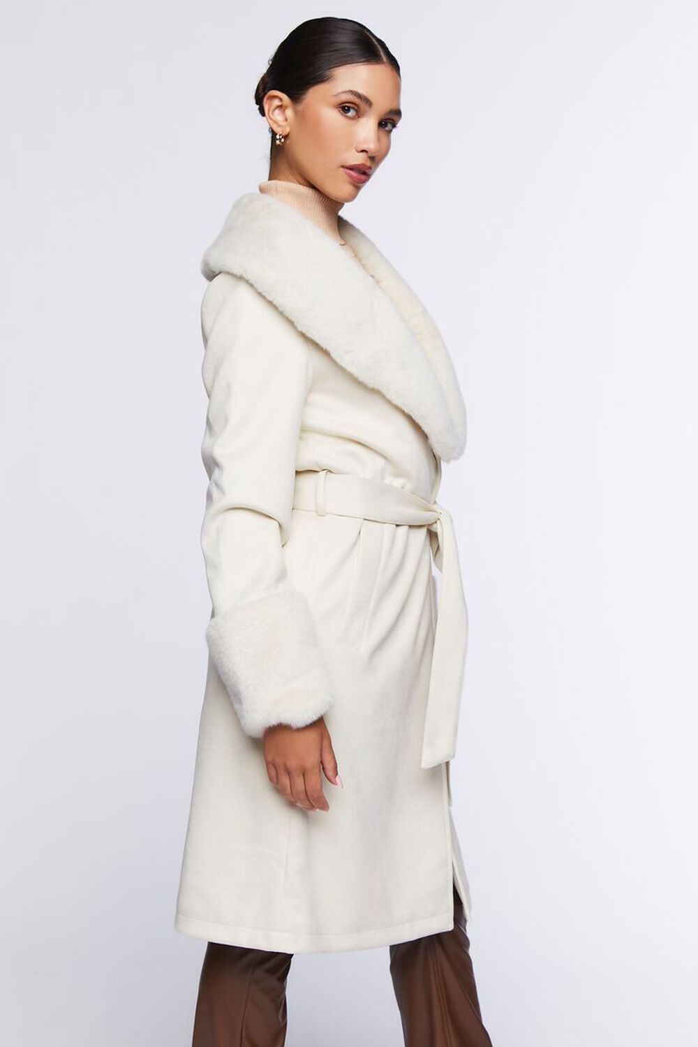 NATURAL Faux Fur-Trim Belted Trench Coat, image 2