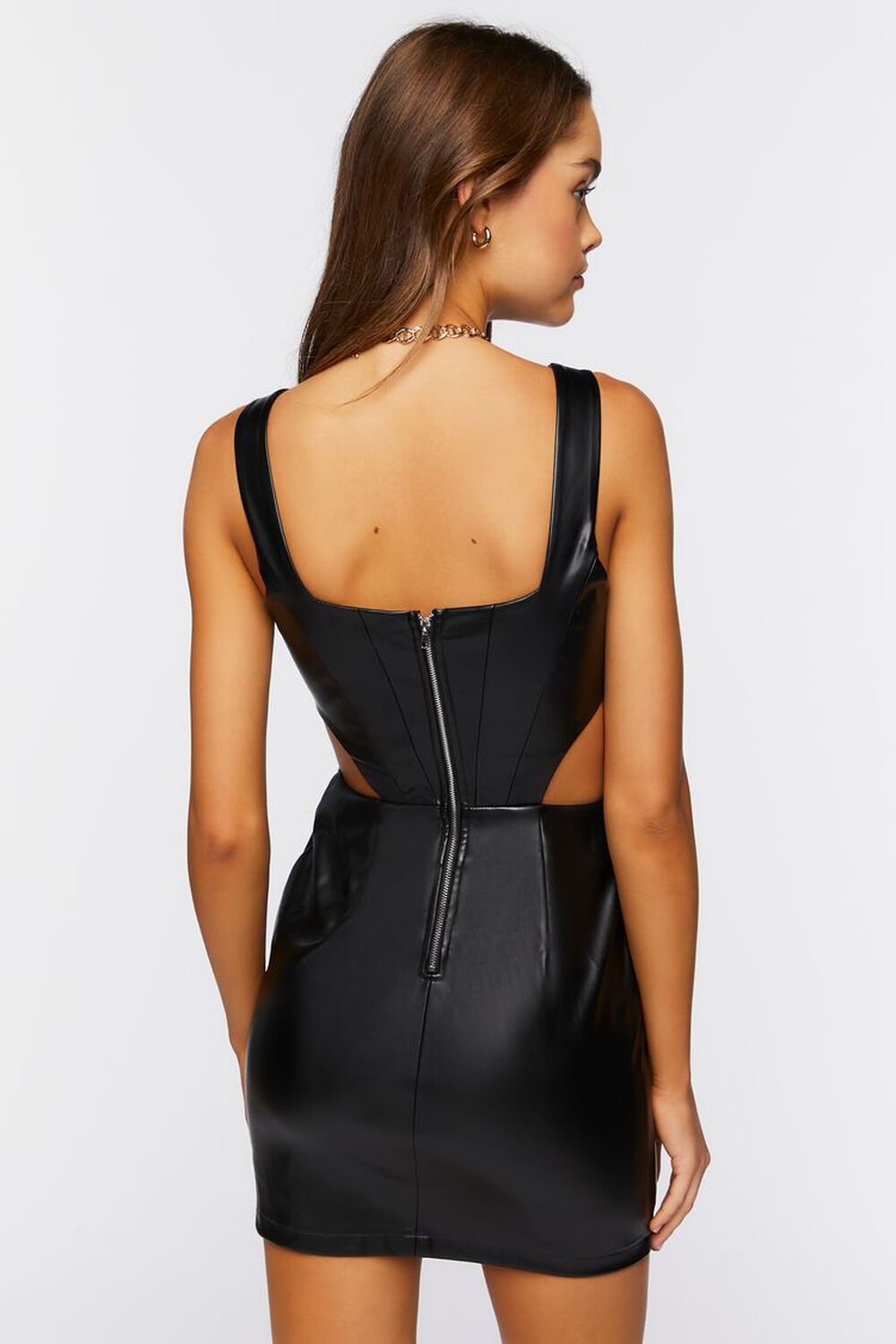 BLACK Faux Leather Cutout Mini Dress, image 3