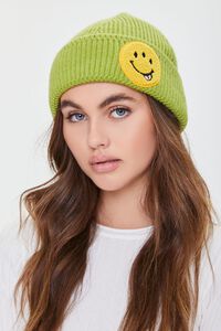 AVOCADO/MULTI Embroidered Happy Face Beanie, image 1
