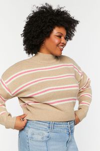 KHAKI/PEONY Plus Size Striped Mock Neck Cropped Sweater, image 2