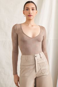 TAUPE Checkered Long-Sleeve Bodysuit, image 1