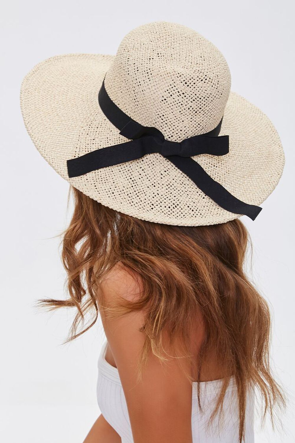 NATURAL/BLACK Faux Straw Bow Ribbon Boater Hat, image 1