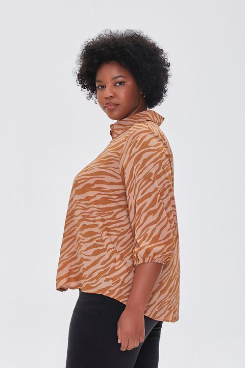 BROWN/MULTI Plus Size Tiger Print Peasant Shirt, image 2