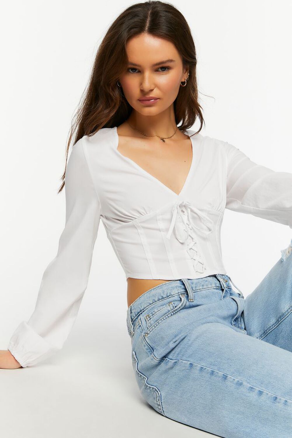 WHITE Lace-Up Seamed Crop Top, image 1