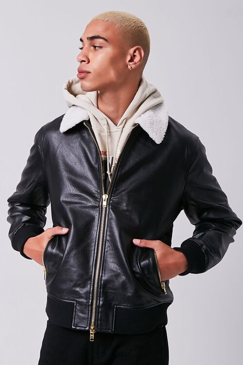 BLACK/CREAM Faux Leather Zip-Up Jacket, image 5