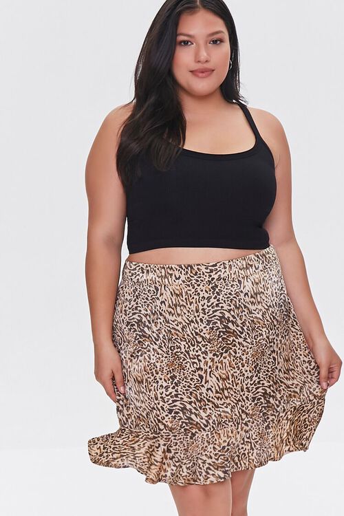 BROWN/BLACK Plus Size Leopard Mini Skirt, image 1