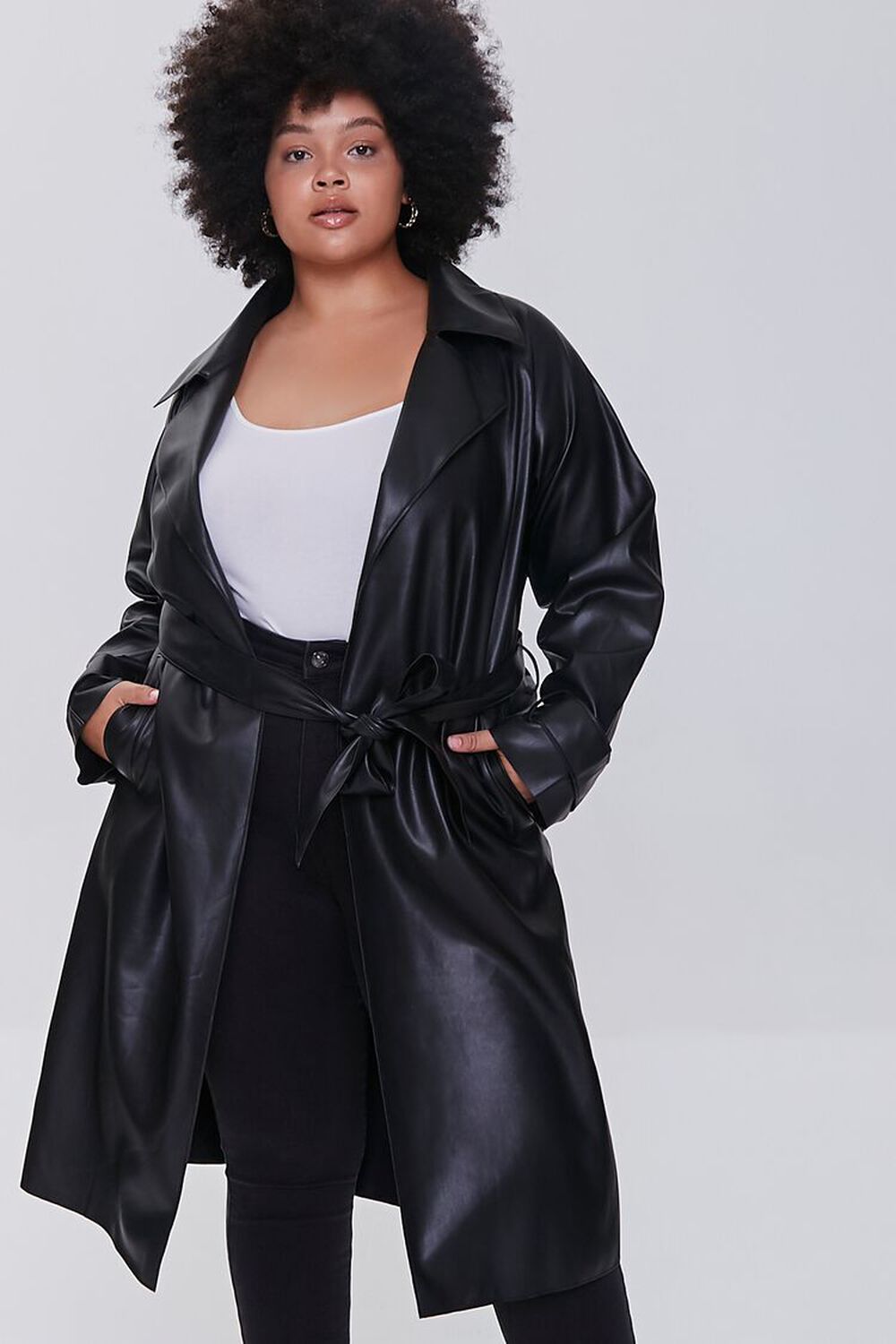 BLACK Plus Size Faux Leather Trench Coat, image 1