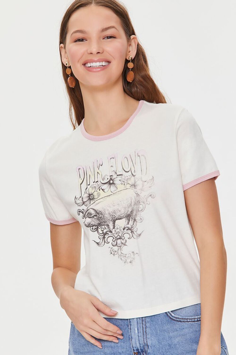 WHITE/PINK Pink Floyd Graphic Cropped Ringer Tee, image 1