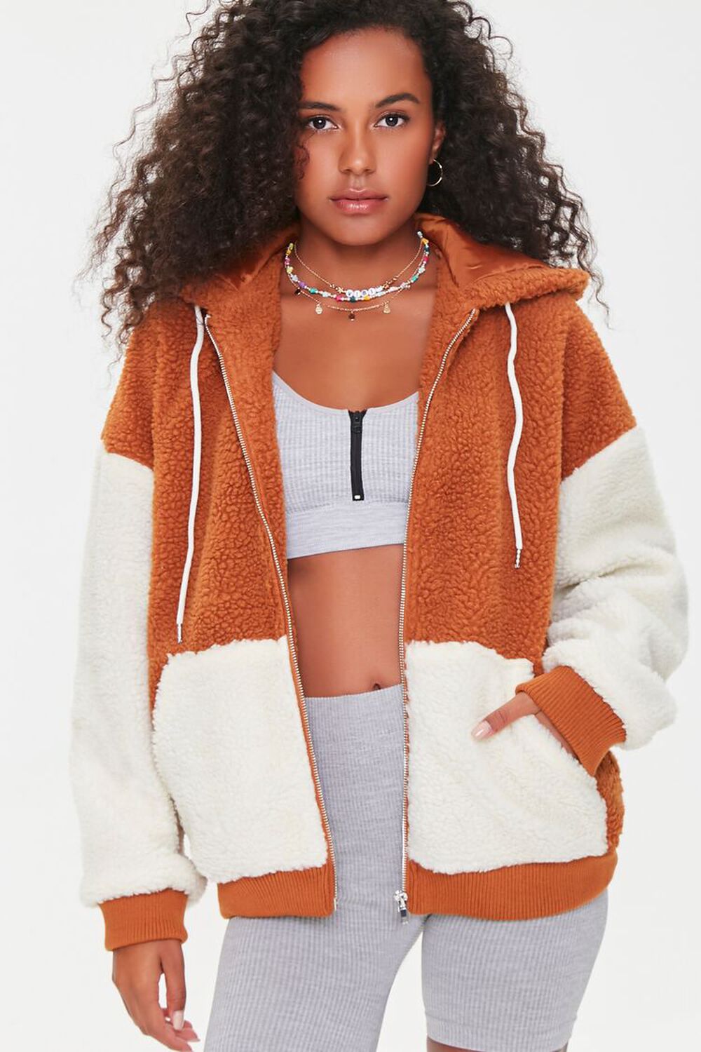 RUST/CREAM Colorblock Faux Shearling Hooded Jacket, image 1