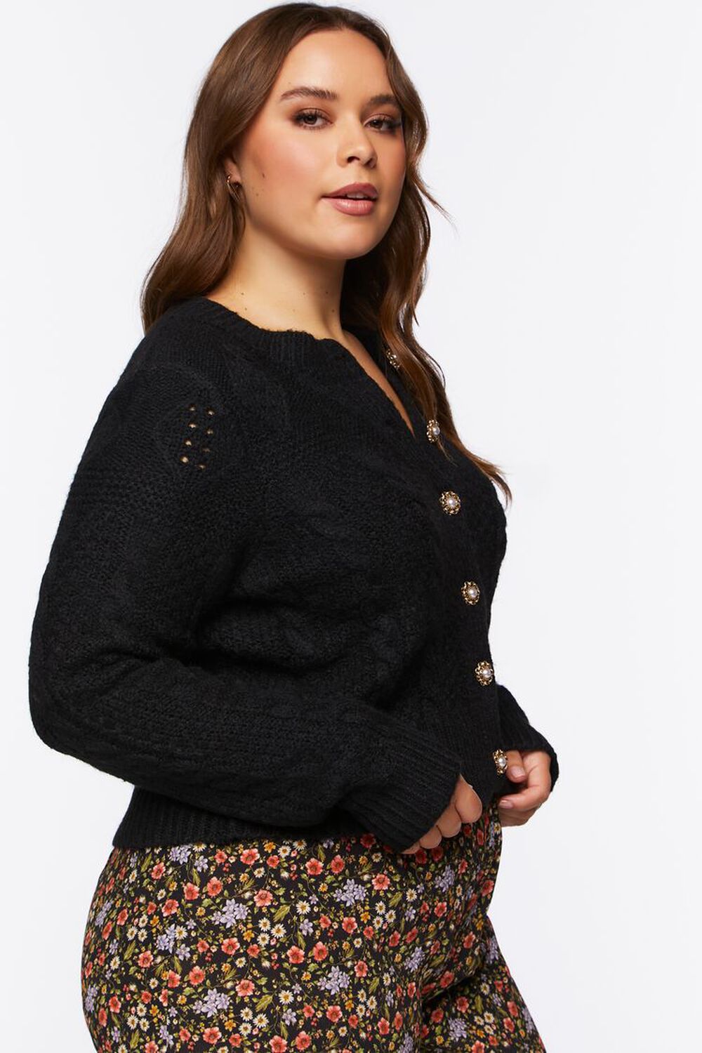 BLACK Plus Size Faux Pearl Cardigan Sweater, image 2