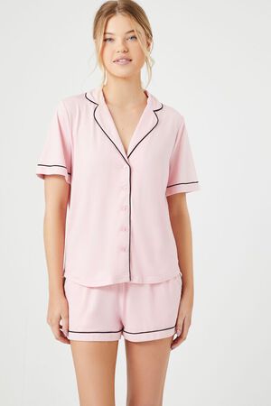 Satin Feather-Trim Shirt & Shorts Pajama Set
