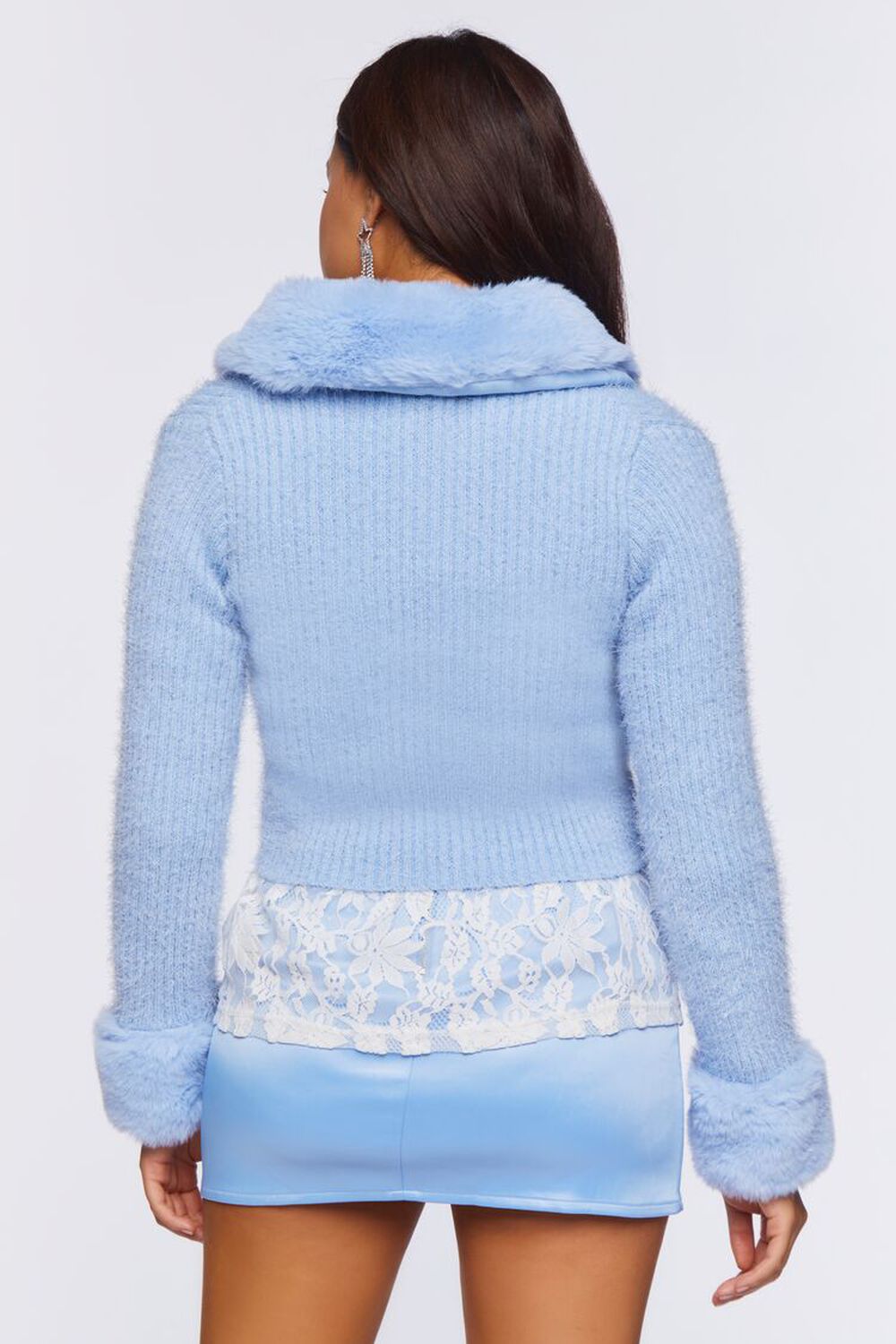 BABY BLUE Faux Fur-Trim Cardigan Sweater, image 3