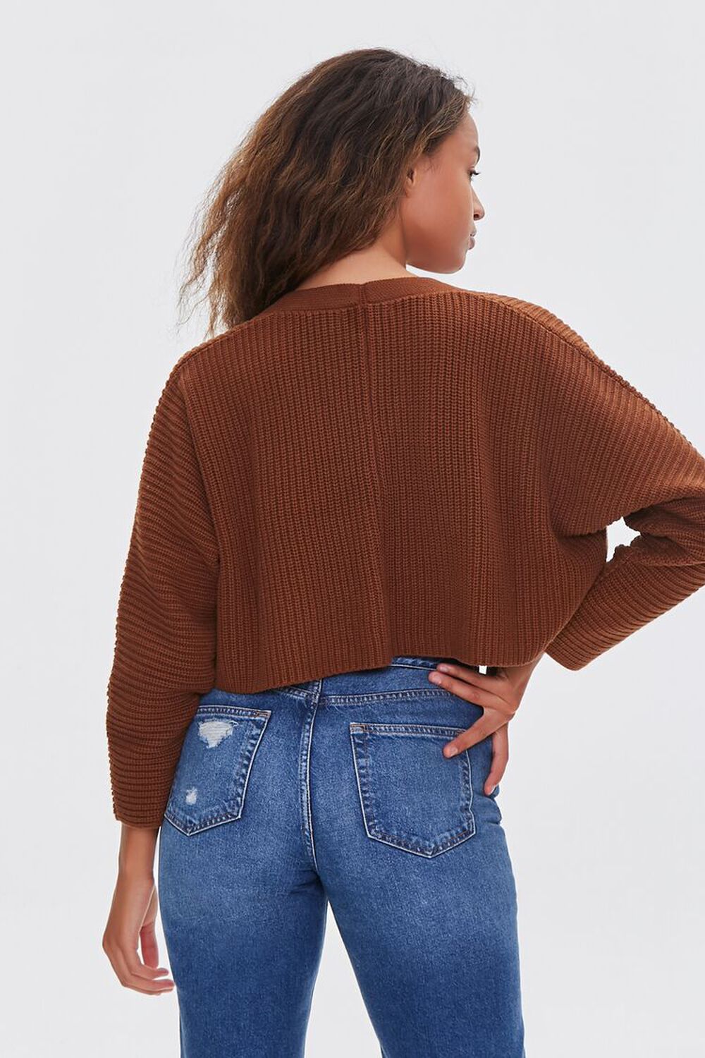 BROWN Ribbed Cropped Cardigan Sweater, image 3