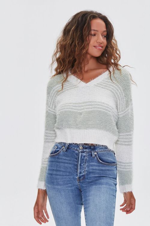 SAGE/WHITE Fuzzy Striped Cropped Sweater, image 1