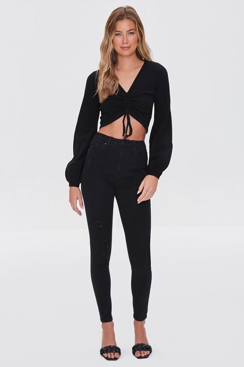 BLACK Ruched Drawstring Cropped Sweater, image 4