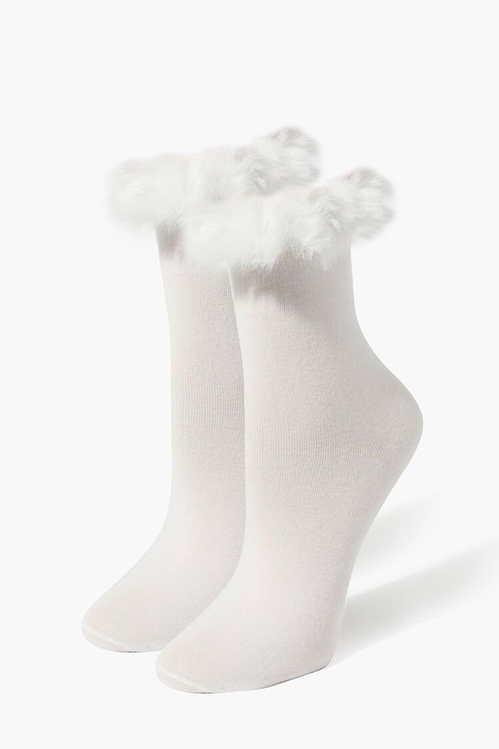 WHITE Faux Fur-Trim Crew Socks, image 1