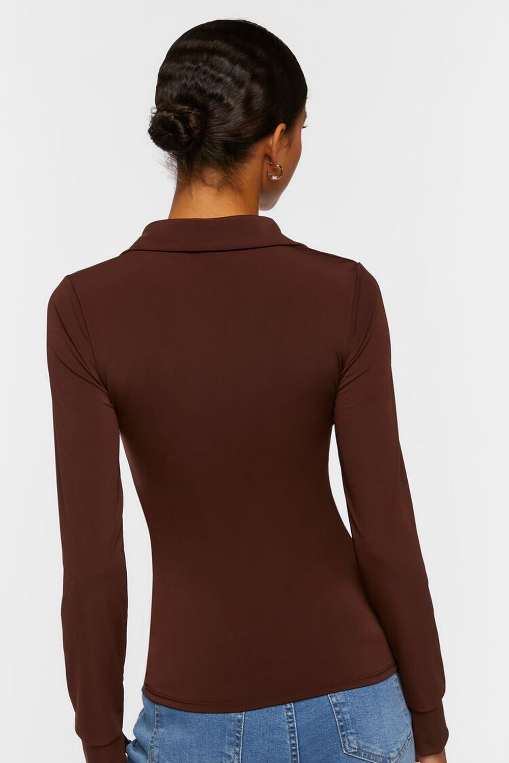 BROWN V-Neck Shirred Long-Sleeve Shirt, image 3
