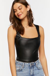 BLACK Faux Leather Sleeveless Bodysuit, image 1