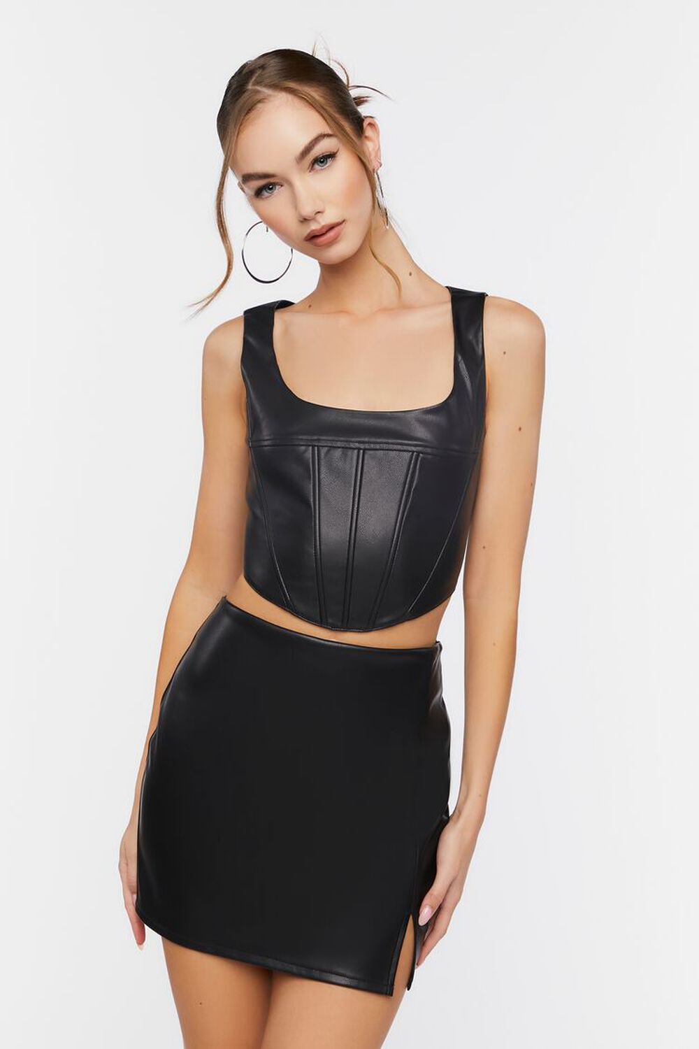 BLACK Faux Leather Crop Top & Skirt Set, image 1
