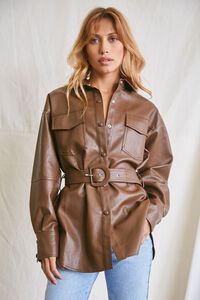 BROWN Belted Faux Leather Jacket, image 1