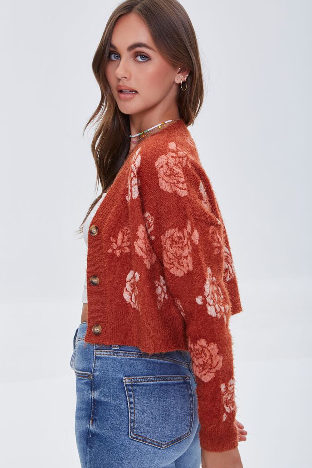 RUST/MULTI Rose Fuzzy Cardigan Sweater, image 2