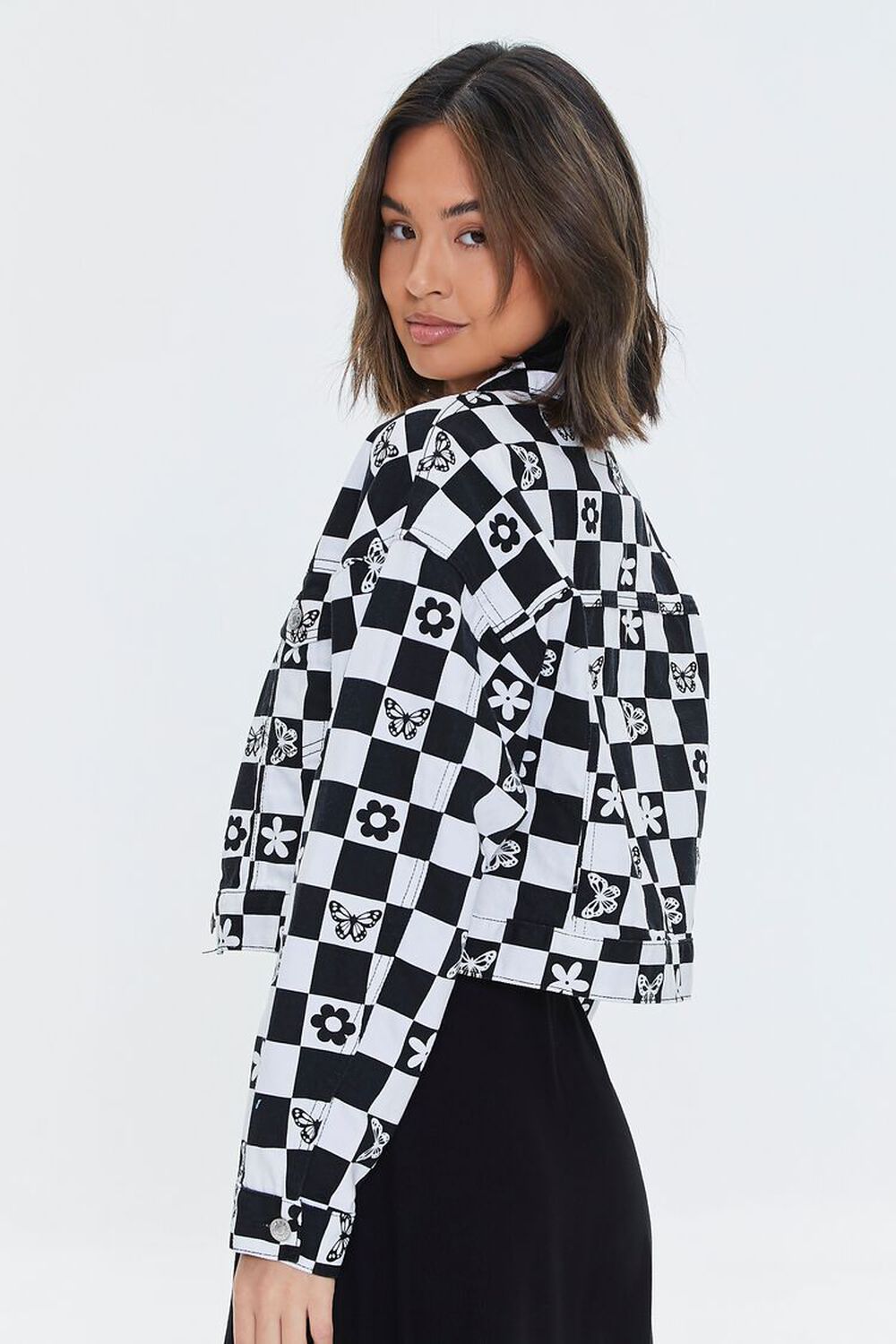 BLACK/WHITE Floral Checkered Twill Jacket, image 2