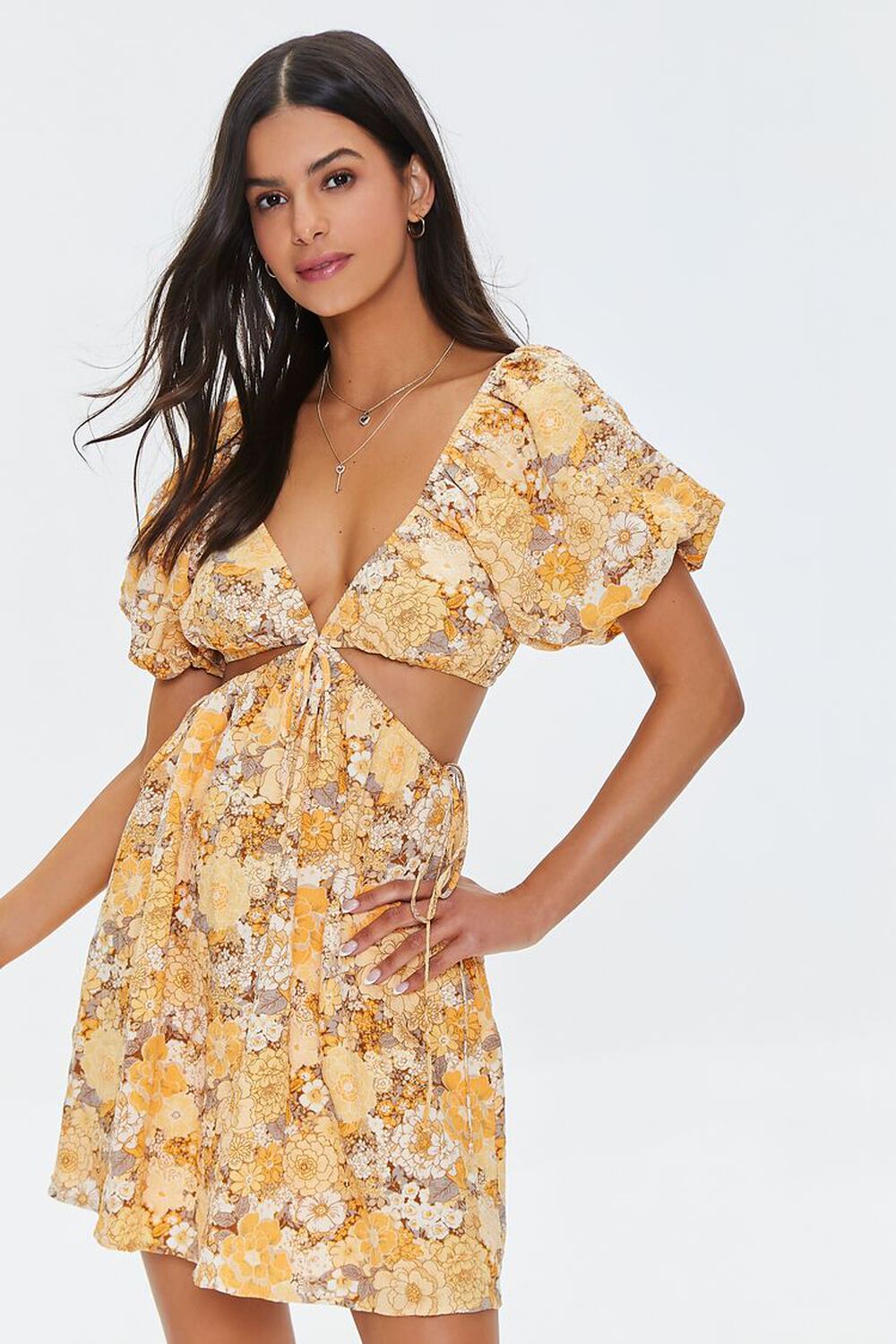 YELLOW/MULTI Plunging Floral Mini Dress, image 1